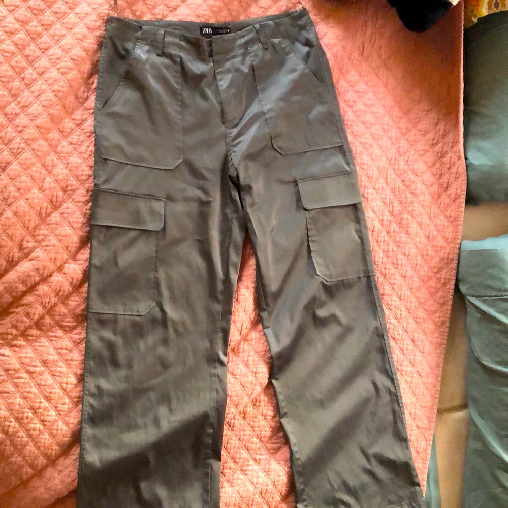 Zara Satin Cargo Pants High Waist Khaki Olive Green L